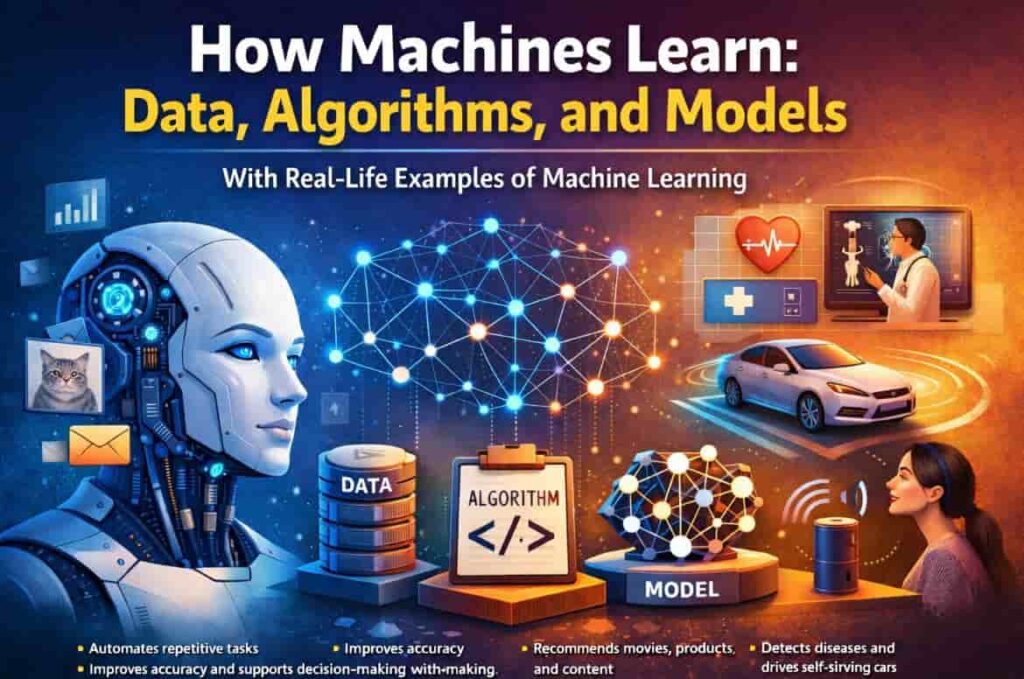 Diagram showing the relationship between Data, Algorithms, and Models in machine learning. The Core Components of Machine Learning