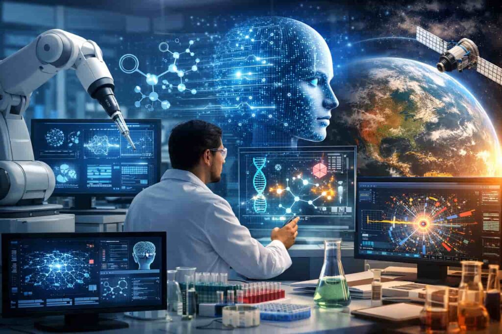 Scientist using AI in scientific research tools for data visualization in a futuristic lab. The Future of AI in Scientific Research 2026