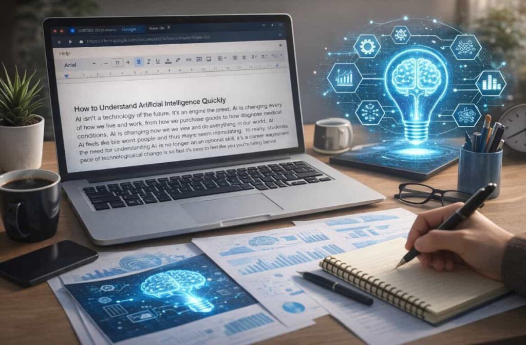 Student using a laptop and notebook to study AI fundamental layers and Python programming Practical Guide to Mastering AI Fundamentals