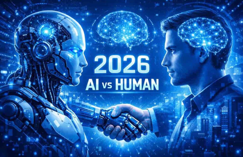 AI vs Human Intelligence comparison showing digital brain and human brain concept in 2026 AI vs Human Intelligence 2026 – The Future of Collaboration