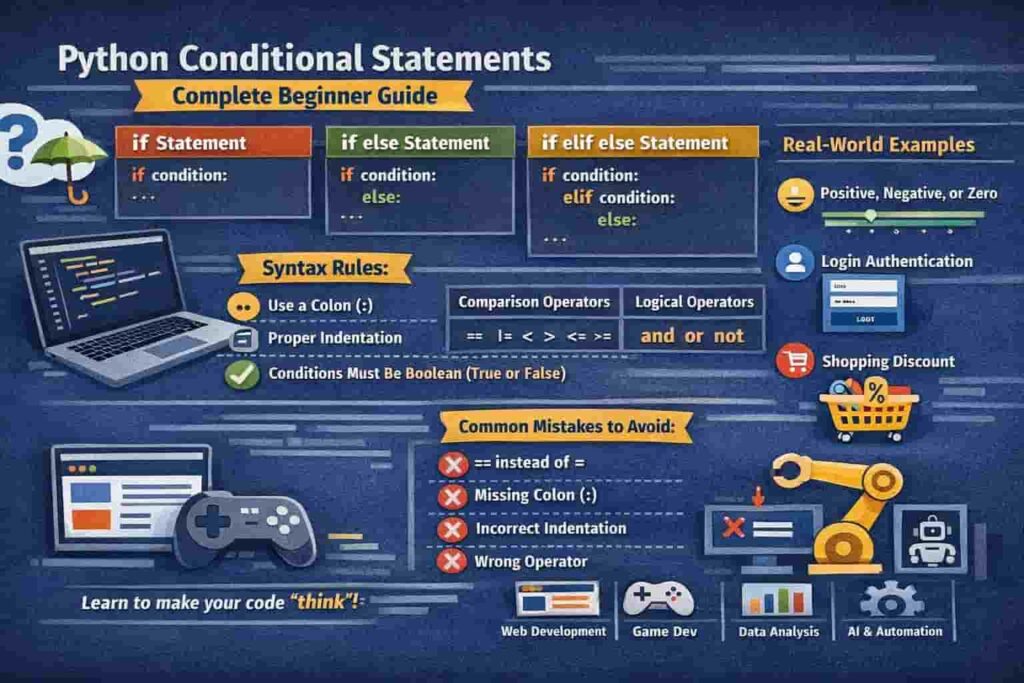 Infographic showing Python conditional statement syntax for if, else, and elif logic. Python Conditional Logic Flowchart for Beginners