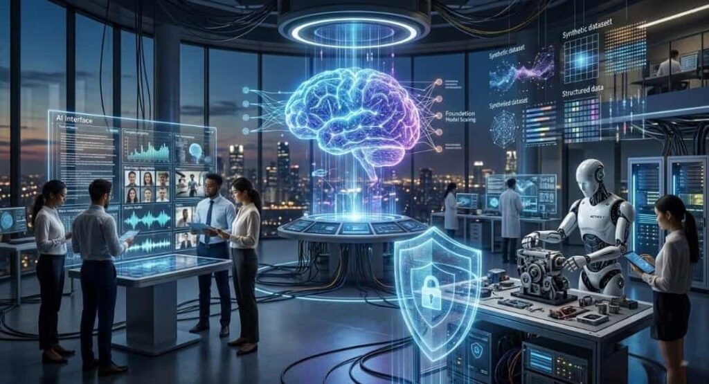 Futuristic digital dashboard showing 2026 AI research trends like Multimodal AI and Edge Computing 5 Major AI Research Trends for 2026