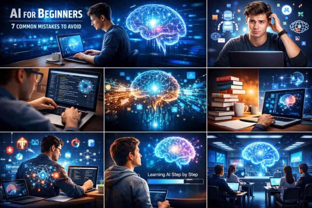 A student learning AI for beginners using a laptop and neural network graphics.