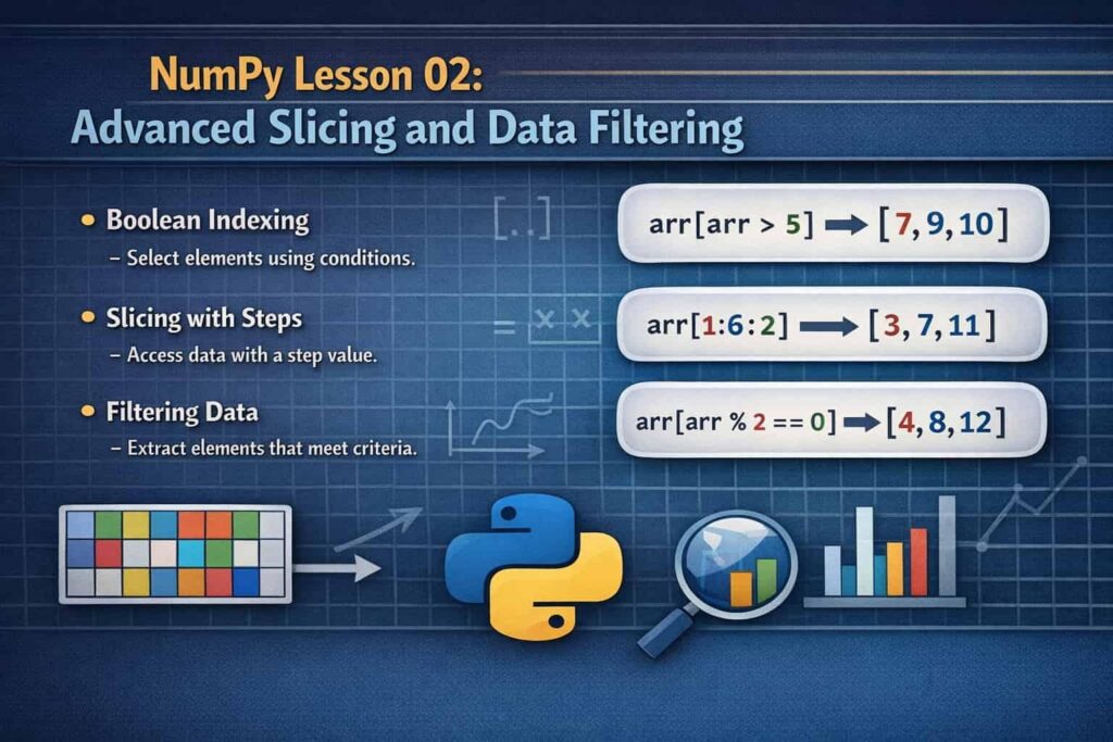 NumPy Slicing guide showing 1D and 2D array syntax, boolean indexing, and data filtering examples.