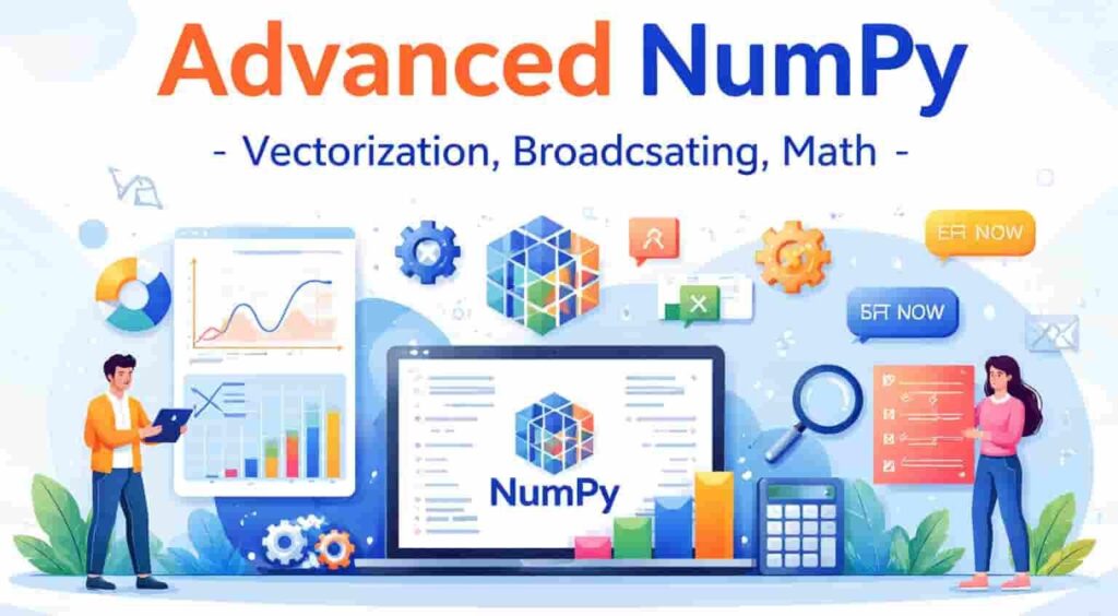 Advanced NumPy: Ultimate Vectorization Guide (Lesson 03) 57 Infographic explaining Advanced NumPy concepts including vectorization, broadcasting rules, and matrix operations.