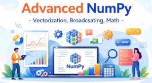 Home 4 Infographic explaining Advanced NumPy concepts including vectorization, broadcasting rules, and matrix operations.